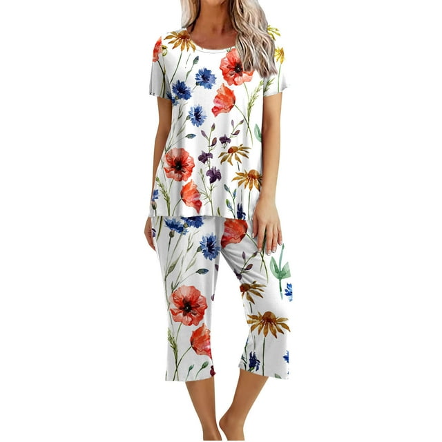 Ensemble de Pyjama pour Femmes Shorts Femmes Imprimé Col Rond Manches Courtes Chemise de Nuit et Ensembles Pantalon Tenue d'Intérieur Pyjamas avec Poches Hauts à Manches Courtes pour Femmes Ensemble de Pyjama pour Femmes Été