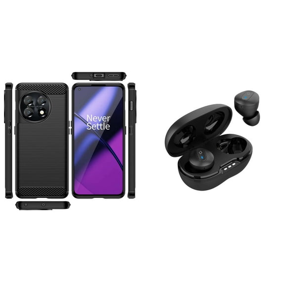 BD Flexible Cover Designed for OnePlus 11 5G Case - (Black) Slim TPU Armor Carbon Fiber Case with Noise-Cancelling Wireless Earbuds with Charging Case