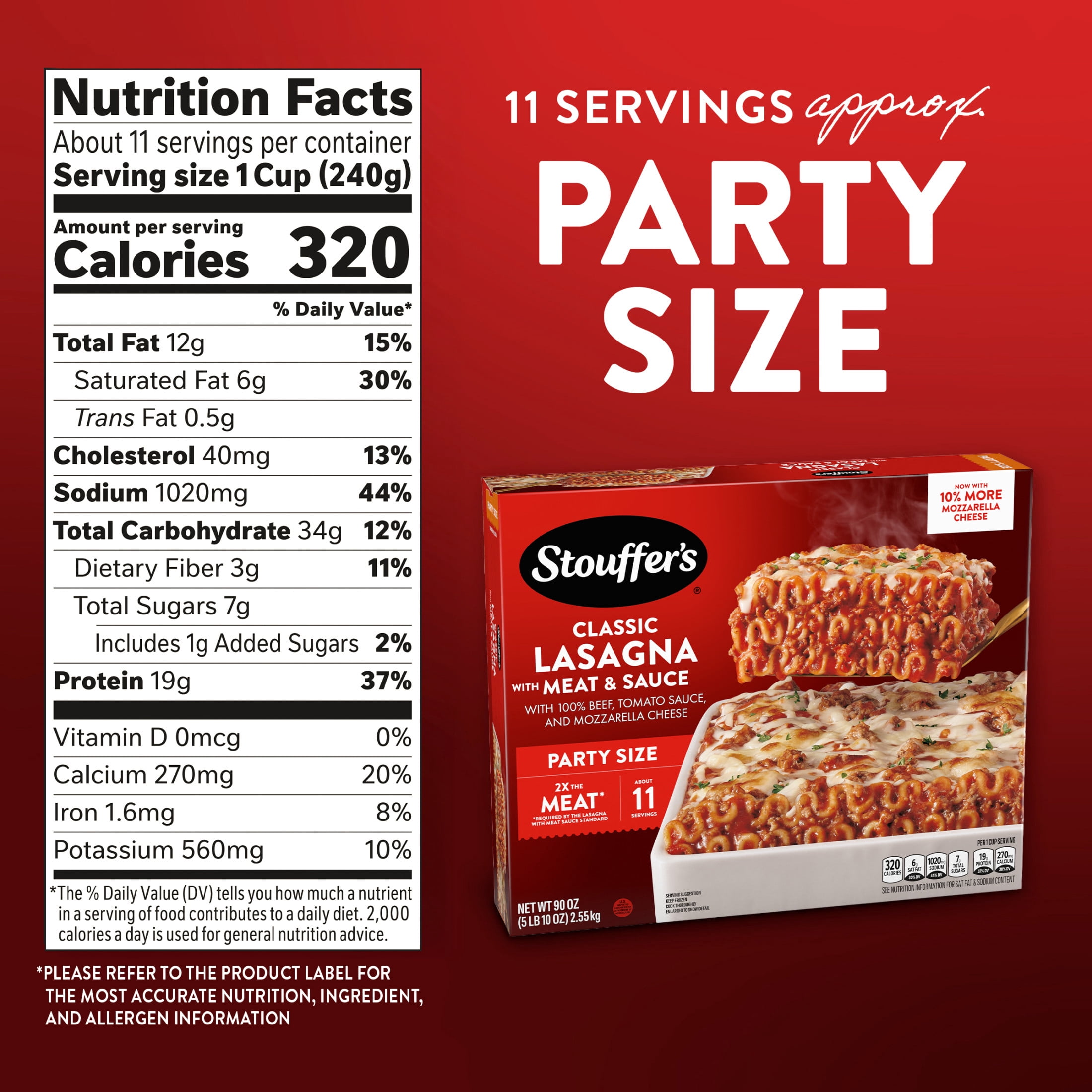 Stouffer's Classic Lasagna with Meat and Sauce, Party Size Pasta, Frozen Meals, 90 oz (Frozen)