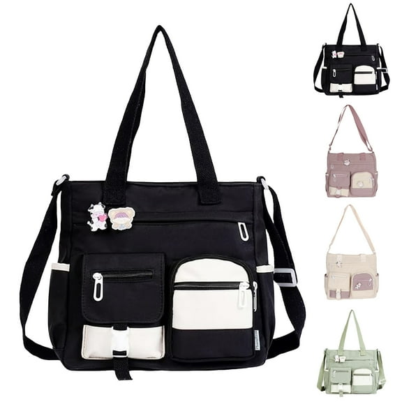 Lispipm Canvas Tote Bag for Women Crossbody Shoulder Multiple Pockets Handbags College Library Study Large Capacity Work Travel Bags Black