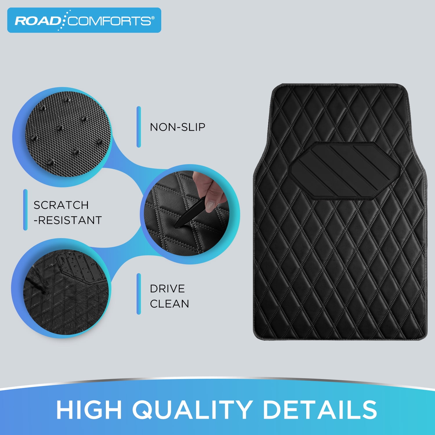 Road Comforts 4PC Leather Quilted Car Floor Mats, Stylish, Durable, Waterproof, Non-Slip, Full Coverage for Cars and SUVs Black