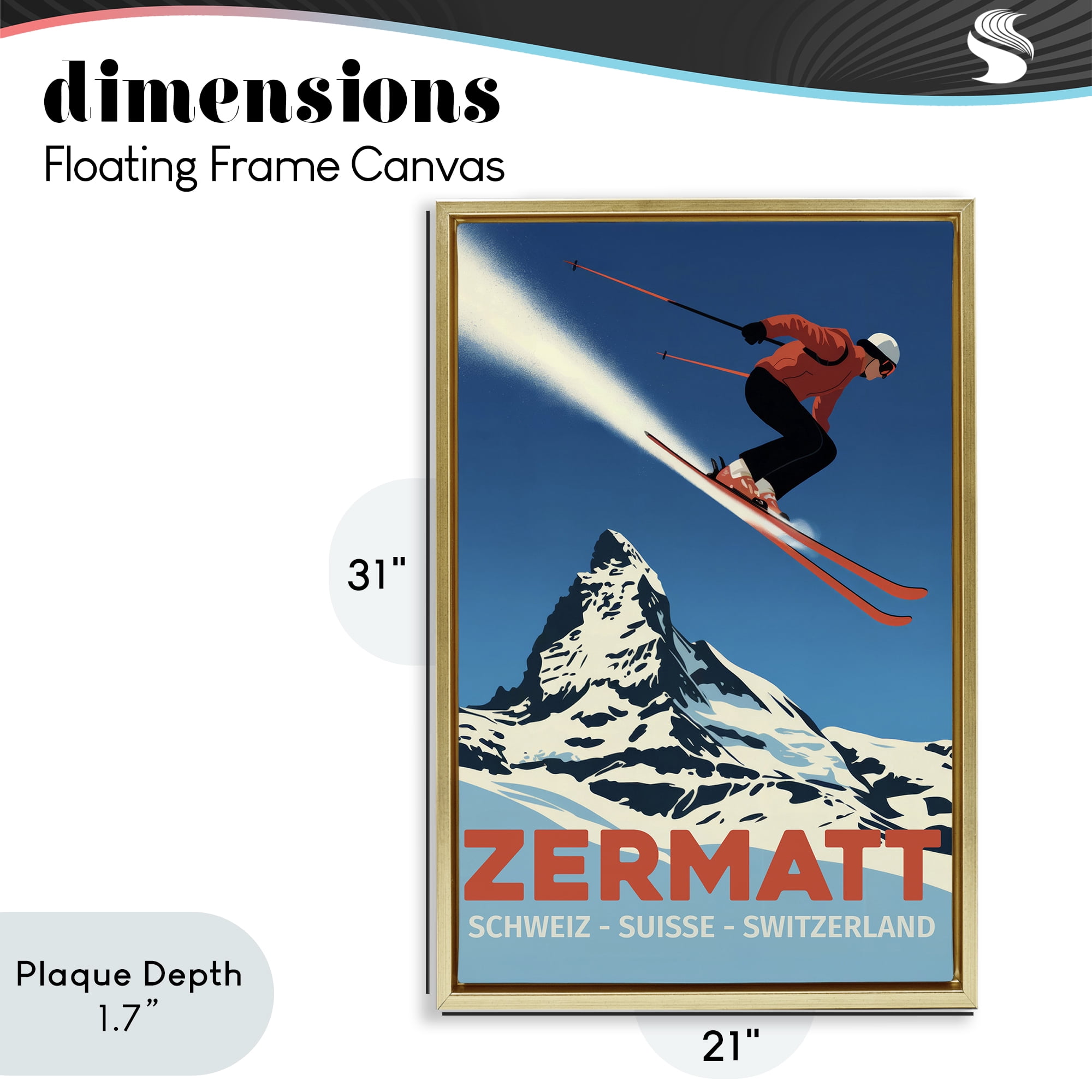 Stupell Industries Zermatt Ski Poster Gold Framed Floater Canvas Wall Art, design by Andreas Magnusson