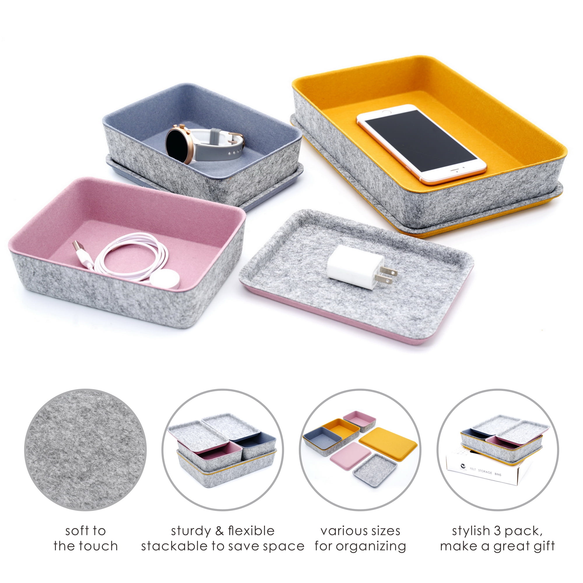 Welaxy Lidded Felt Drawer Organizer Bin with lids Desktop Stackable Organizer Storage box for crafts office supplies pen notes Junk Makeup Stationery Organize 3-Pack (Curry+Dusty rose +Glacier gray)