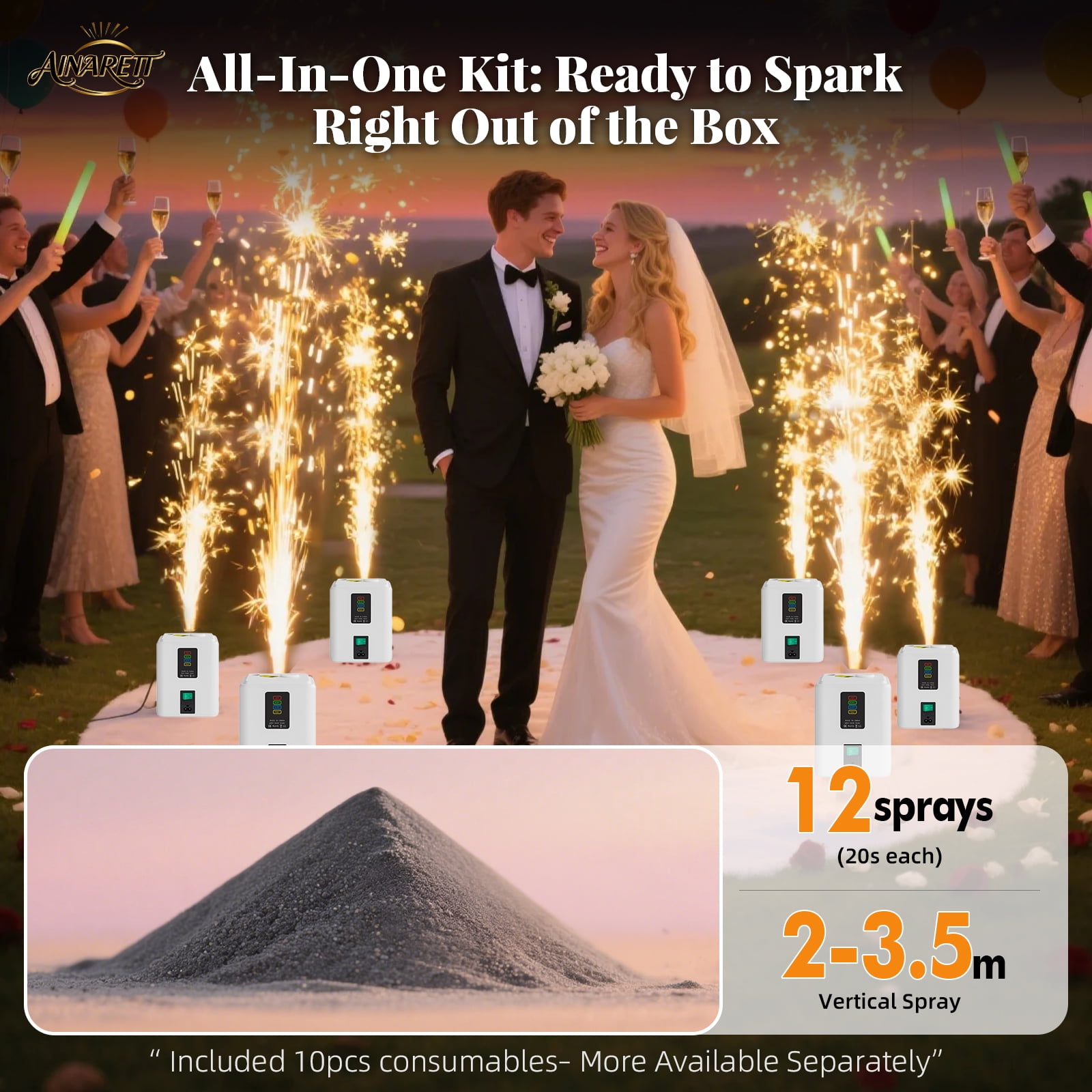 2 PCS, 350W Mini Cold Spark Machine, 2-3.5mFountain Effect Portable Device with Auto Safety Cutoff - for Stage Wedding Party Events (Include 10pcs Consumables)