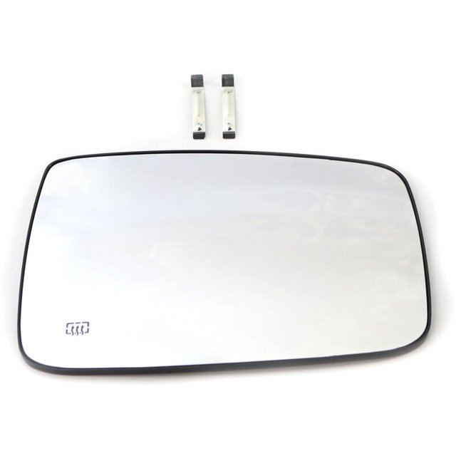 reemplazo vidrio espejo retrovisor exterior active dodge ram 1500 2500 gz.fp055br Vidrio lateral derecho para Dodge Ram 1500/2500 con calefacción; vista frontal centrada del cristal rectangular con borde negro, símbolo de calentamiento en la esquina, dos clips de montaje encima y acabado reflectante, diseñado para ajuste directo OE.