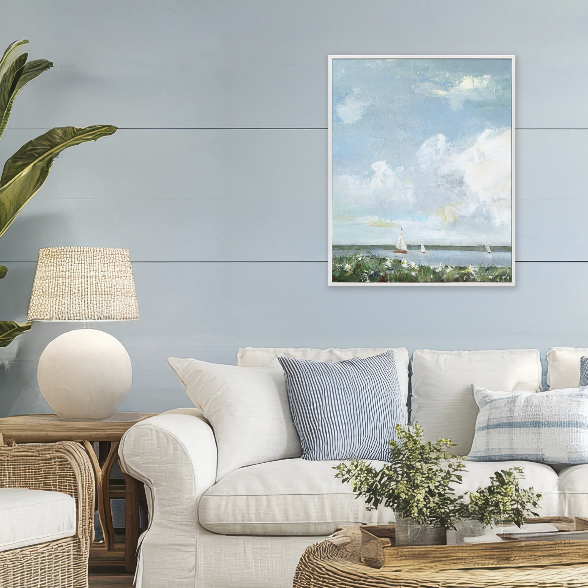 Stupell Industries Seaside Sailing Under Clouds White Framed Giclee Art, design by Sally Swatland