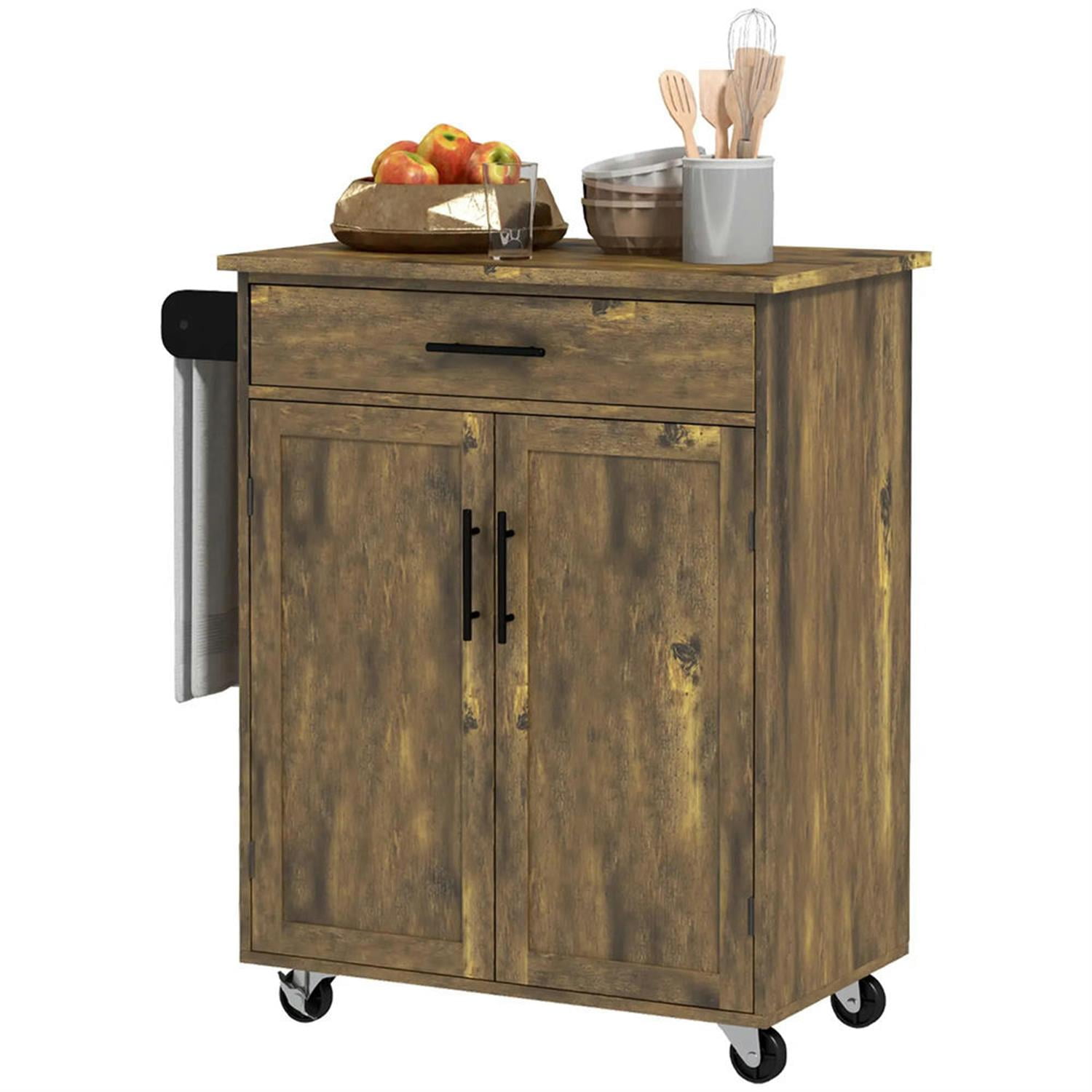 Demi Bonn 36" Kitchen Island Cart on Wheels with Drawer, Storage Cabinet, Rolling Dining Room Serving Utility Carts Mobile Movable with Towel Rack, Brown