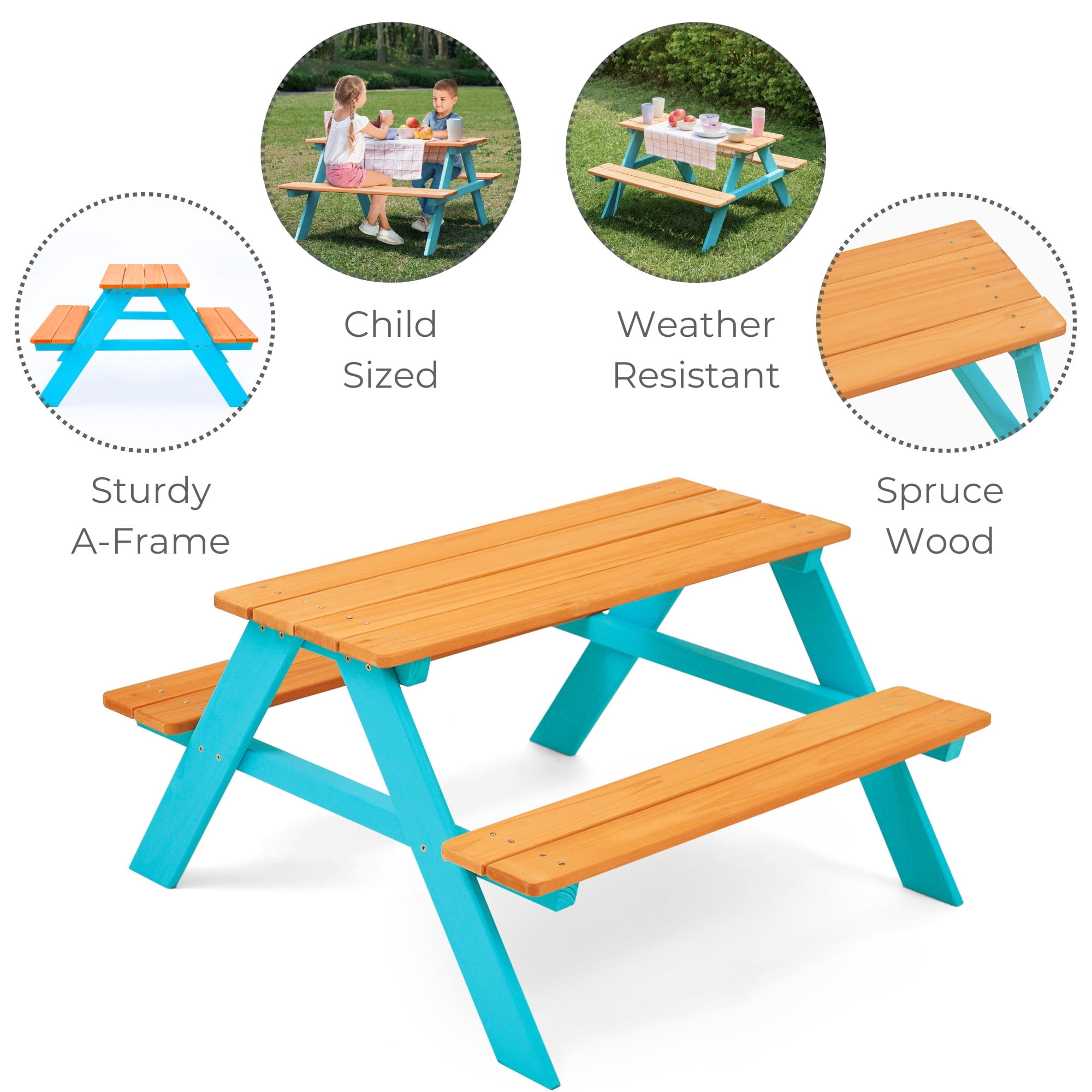 Teamson Kids Outdoor Wooden Picnic Table & Bench Set for Backyard, Patio, Garden, Weather-Resistant Finish