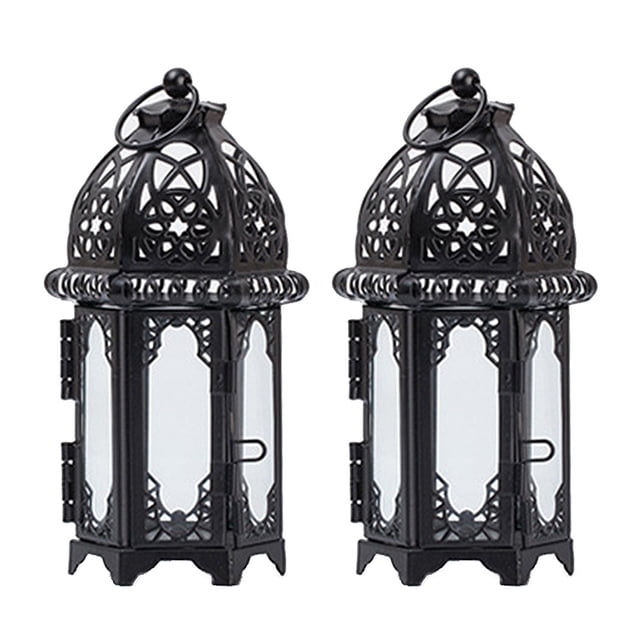 unidades de candelabros colgantes de hierro estilo marroquí para velas de té, con cristales, ideales como centros de mesa para bodas (negro, cristal transparente).