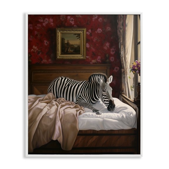 Stupell Industries Zebra on Regal Bed Animals Painting White Framed Art Print Wall Art, 16 x 20