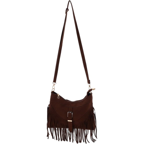 Boho Fringe Crossbody Bag for Women Retro Suede Shoulder Purse Small Ethnic Style Travel Handbag with Tassels Dark Brown