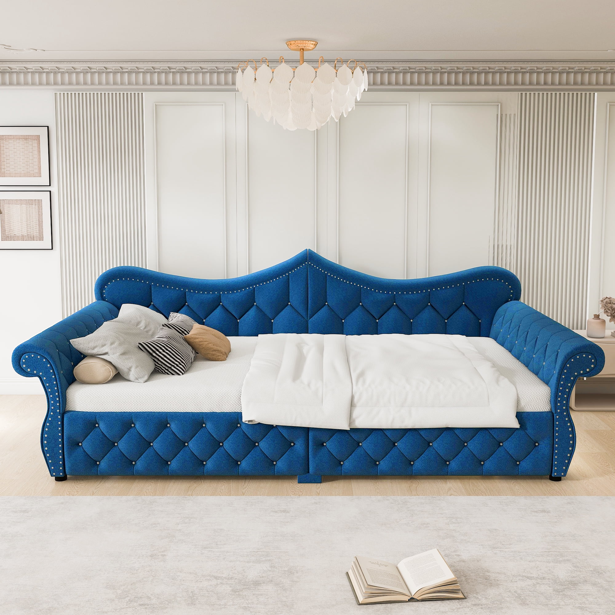 Euroco Upholstery Queen Size Daybed, Sofa Bed with LED Light, Blue