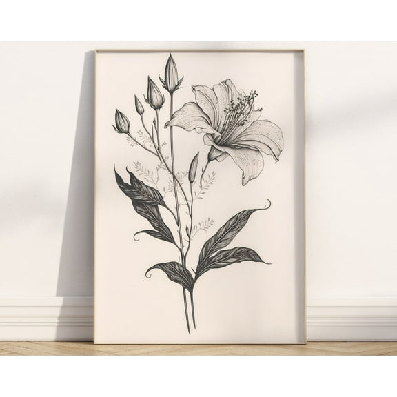 Simple Lily Drawing. Physical Art Print. Free Worldwide Shipping. Generative Art. Botanical. Contemporary. Boho Gift. Floral Outline. Simple Wall Art, Modern Wall Decor, 8x12 UNFRAMED