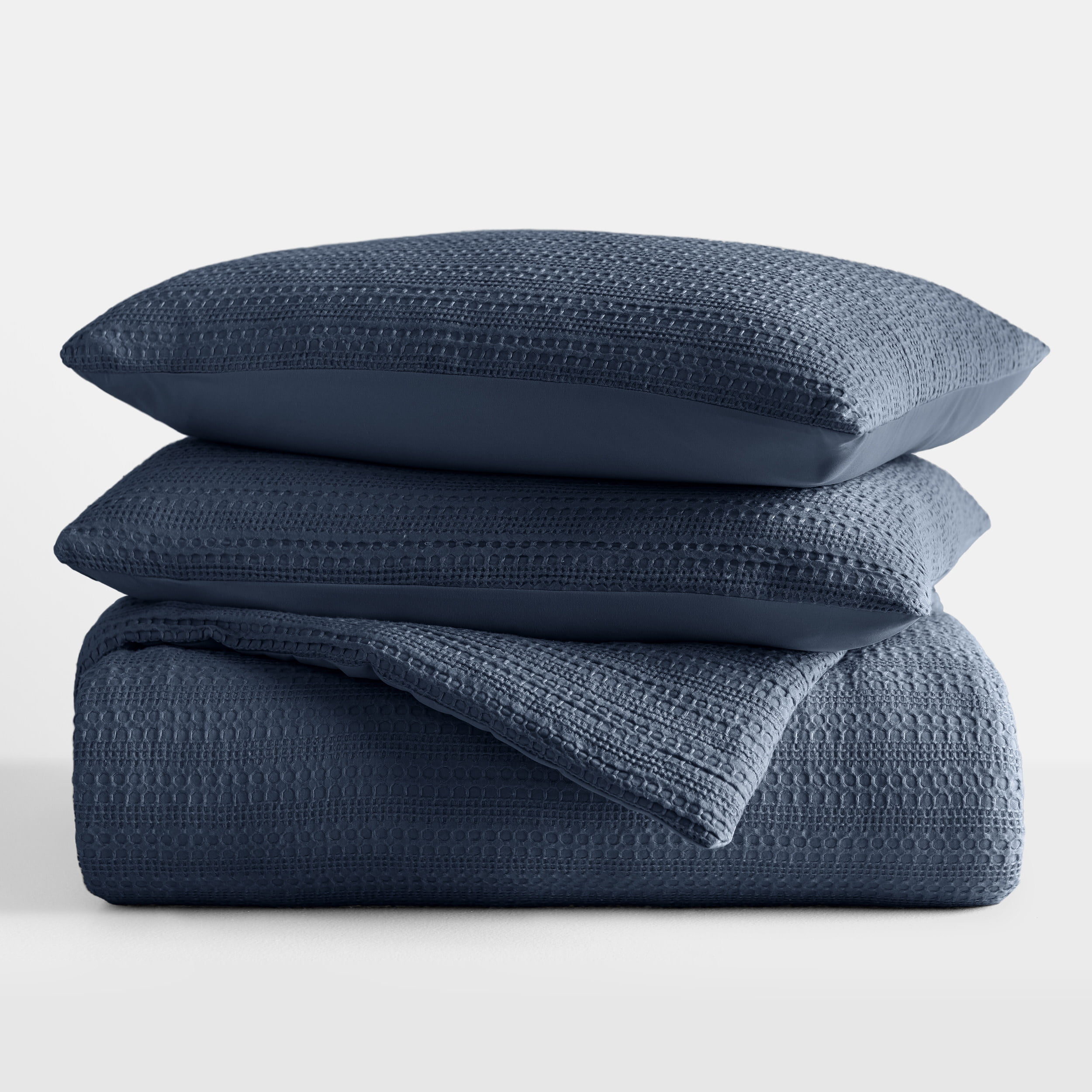 Noble Linens 3 Piece Navy Waffle Textured All Season Down-Alternative Comforter Set, Full/Queen