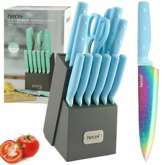 Hecef 14 Pieces Kitchen Knife Set with Wooden Block, Rainbow Titanium Coated Chef Knives with Sharpener, Steak Knife, Scissors