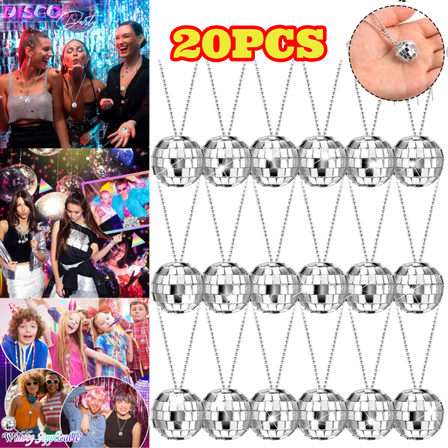 20pcs Mirror Disco Ball Necklaces Costume 70s Disco Silver Hanging Balls Ornament Stage Props Party Favor Decoration for Dance Supplies