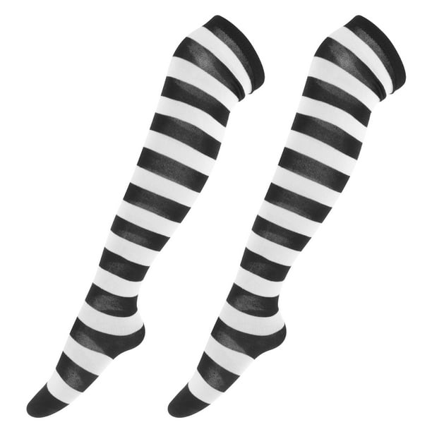 Par de calcetines hasta el muslo con rayas anchas blancas y negras para mujer (blanco y negro)