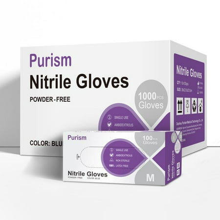 

Purism Nitrile Gloves Medium 1000pcs Blue No Latex No Powder Protective gloves Safe Working Gloves 10bx/carton (Medium)
