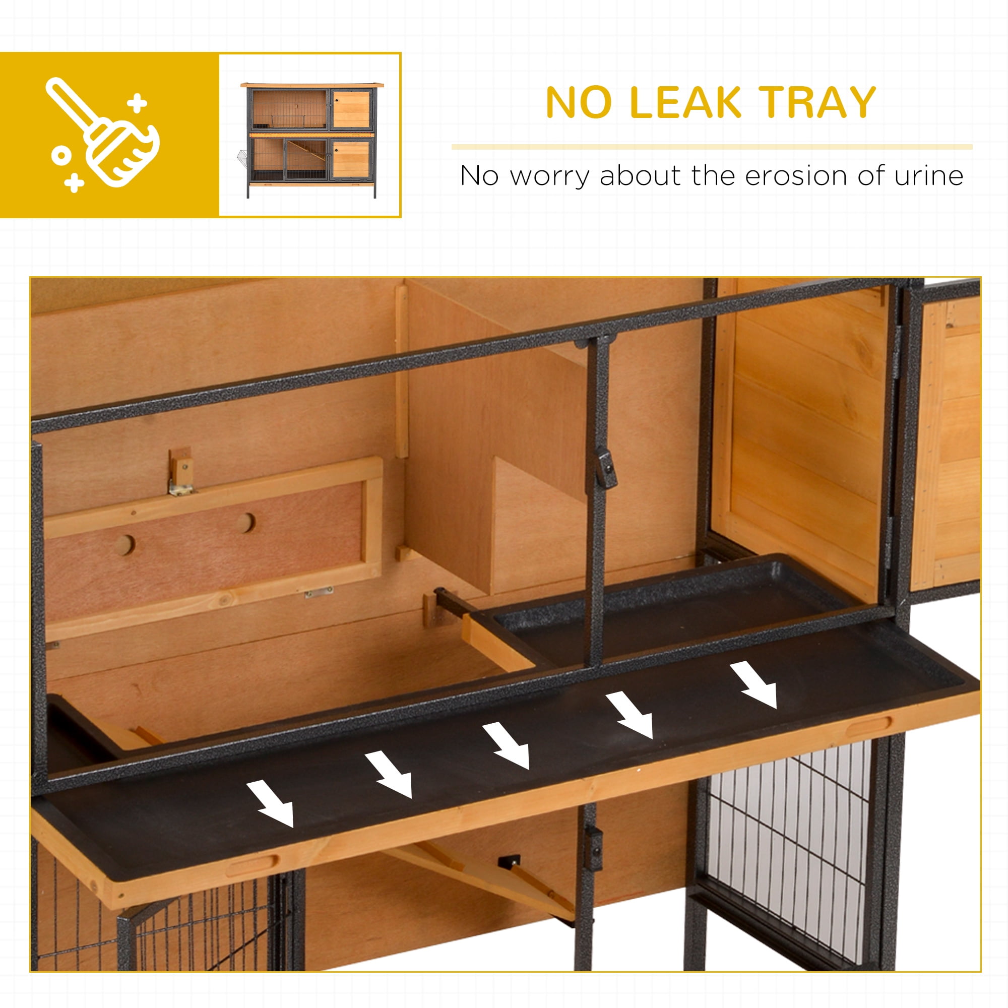 48" 2-Story Large Rabbit Hutch Bunny Cage Wooden Pet House Metal Frame with Individual Room, Ramp, No Leak Tray, Feeding Trough, Waterproof Asphalt Roof for Outdoor/Indoor