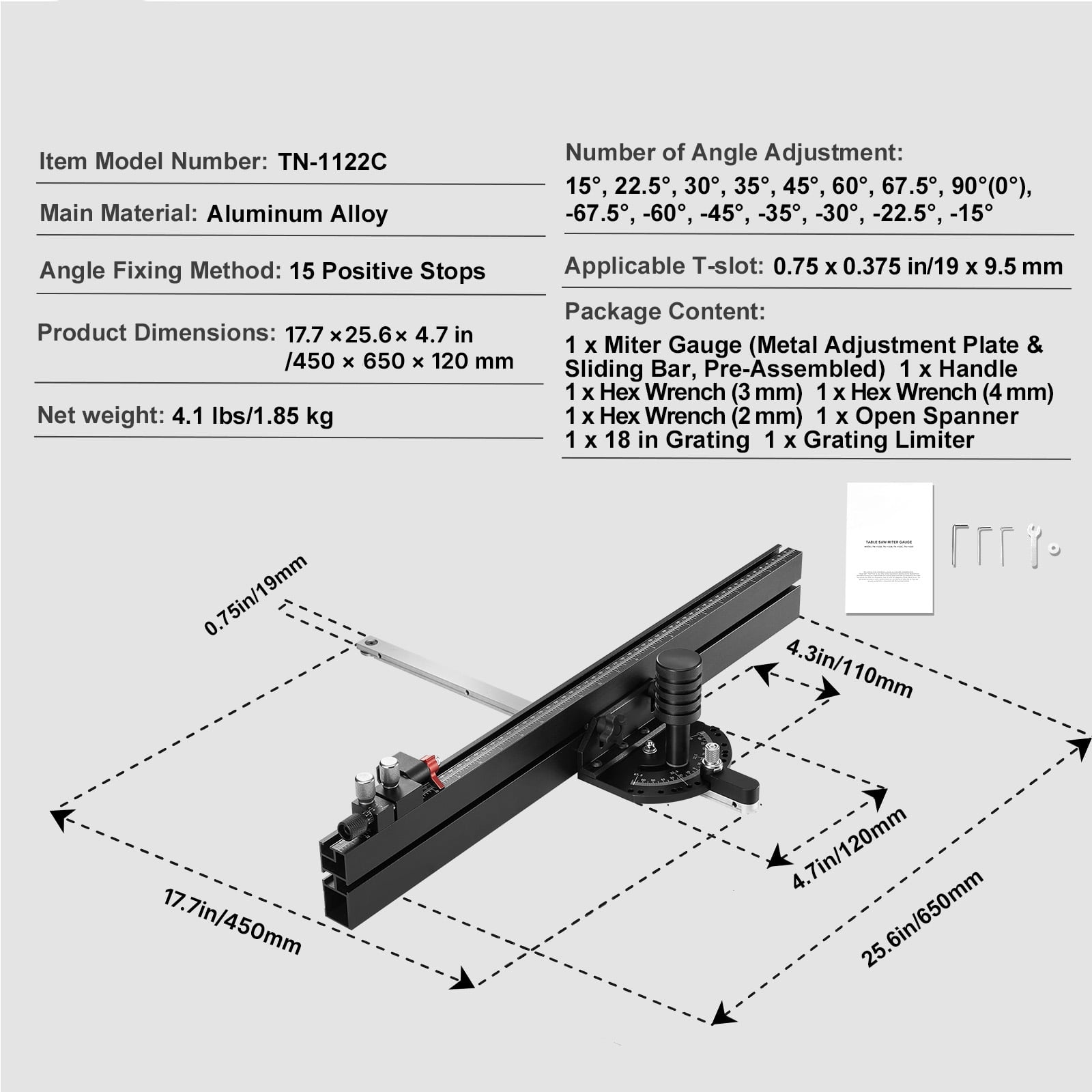 SKYSHALO Miter Gauge Precision Table Saw Standard Slot 3/4'' x 3/8'' 24" Grid
