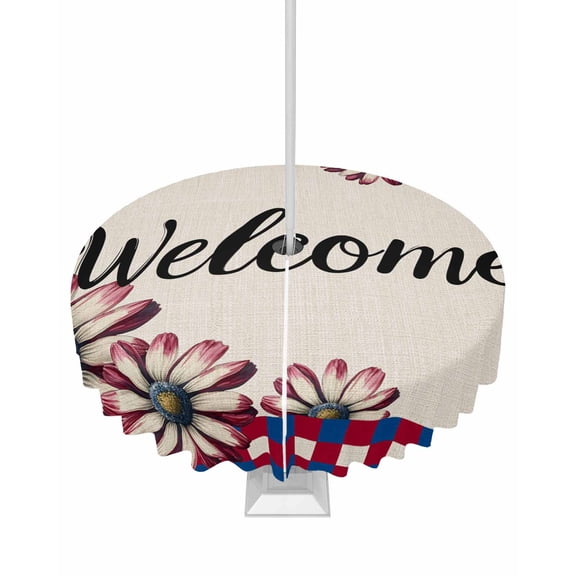 Hokiten Outdoor Tablecloths with Umbrella Hole & Zipper, Red Blue Daisy Round Tablecloth 54 Inch, 4th of July Welcome Plaid Farmhouse Waterproof Table Cloth, Patio/Pool/Picnic Table Covers