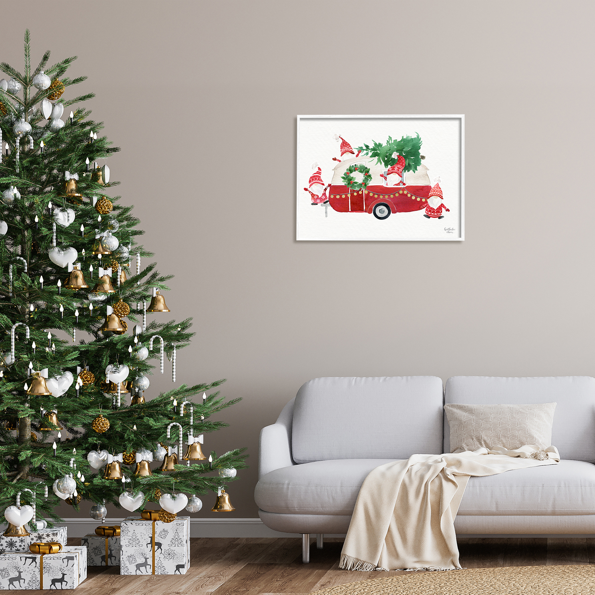Stupell Industries Holiday Garden Gnomes Seasonal Holly Wreath Tree Painting White Framed Art Print Wall Art, Design by Heatherlee Chan