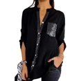 thumbnail image 1 of Camiseta informal de algodón con escote en V y lentejuelas de manga corta, camiseta informal con escote en V y lentejuelas brillantes, camiseta Runaivete, 1 of 7