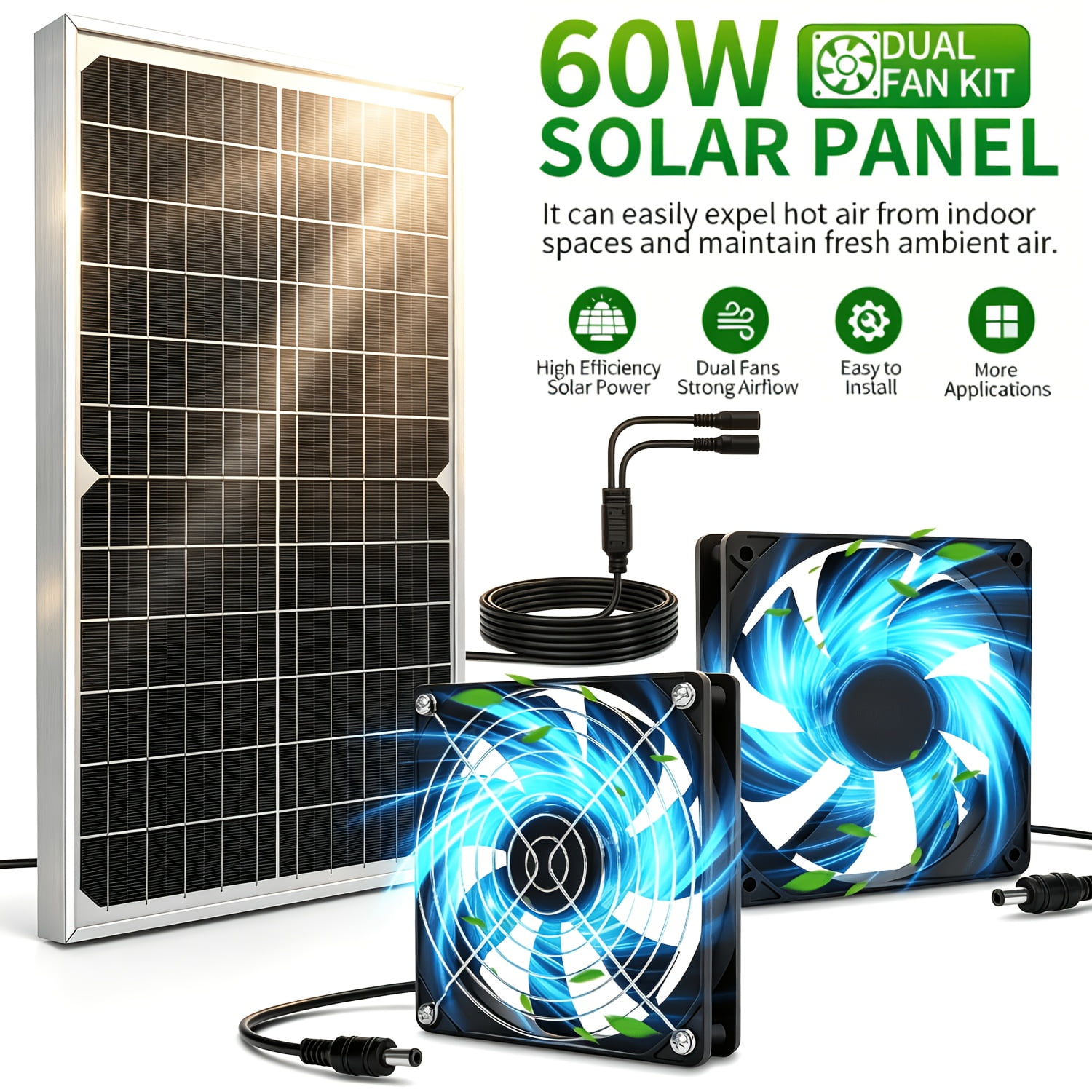 60W Solar Powered Dual Exhaust Vent Fan with Shutter Backup,Large Airflow Solar Panel Ventilation Cooling Fan for Greenhouse,Attic,Chicken Coop,Garage and Basement Outdoor Indoor Use