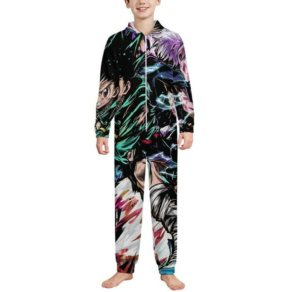 Kids Hunter X Hunte Gon Killua Onesie Pajamas Zip Up One Piece Hooded Sleepwear Fleece Jumpsuits for Boys Girls
