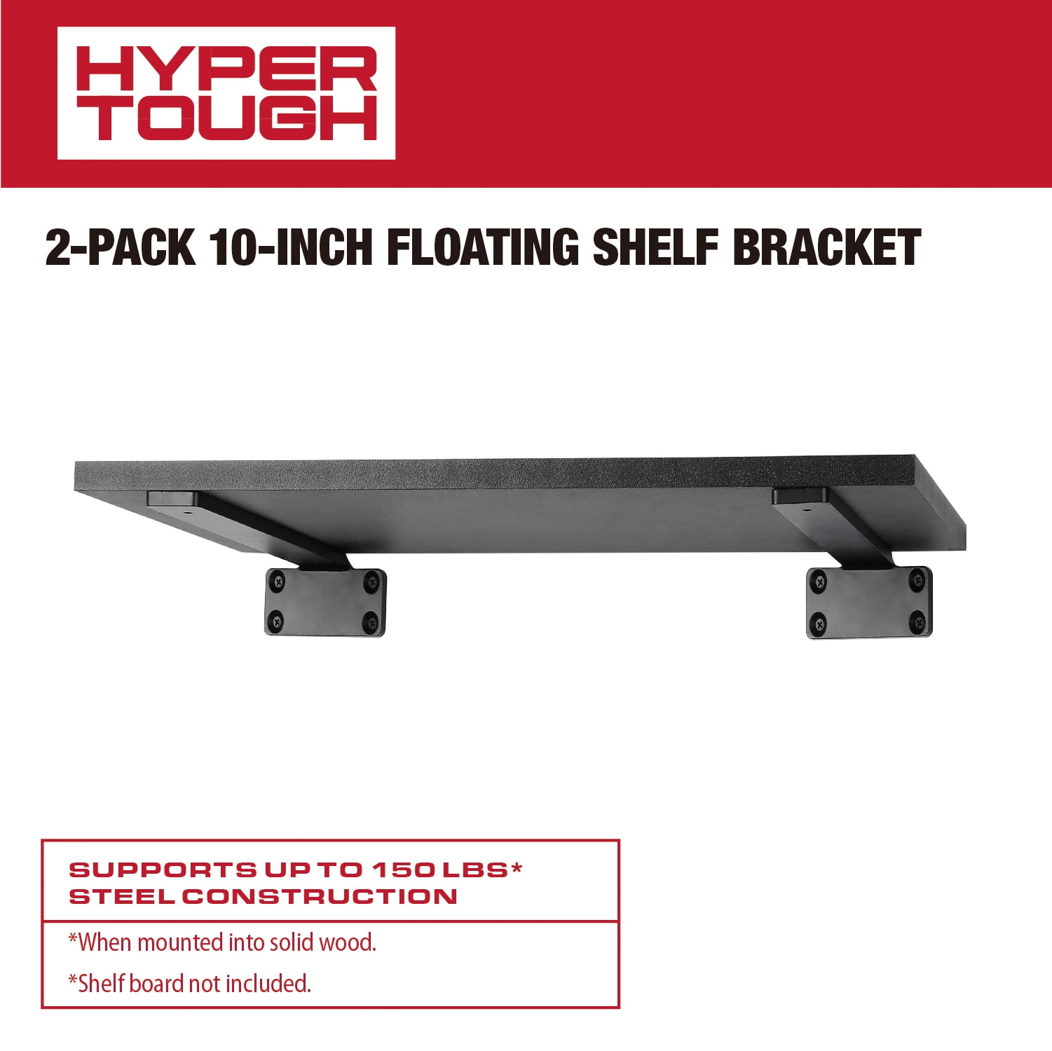 Hyper Tough 10" x 4" Floating Shelf Bracket, Black, 2-Pack