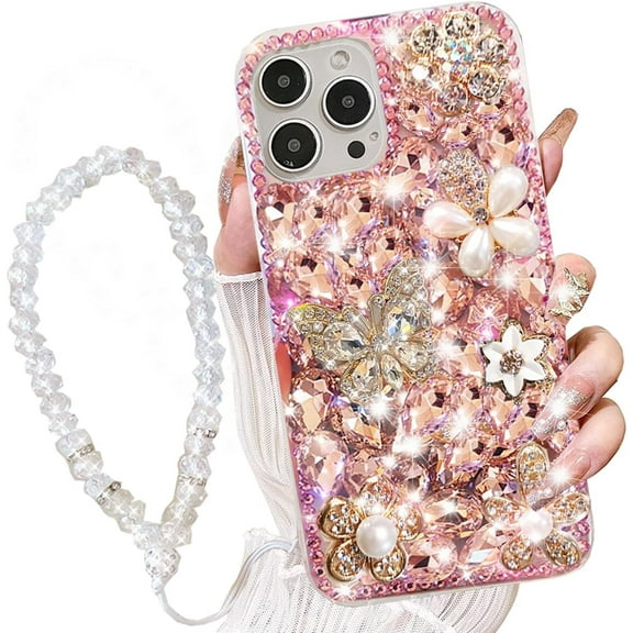 for iPhone 16 Pro Max Case with Wrist Strap Women Luxury 3D Bling Shiny Rhinestone Diamond Crystal Pearl Handmade Flowers Soft Protective Glitter Case for iPhone 16 Pro Max (Pink)
