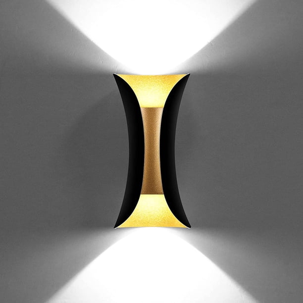 Aplique de pared LED moderno y creativo de 6W, lámpara de pared impermeable IP65, bañador de pared LED de aluminio para interiores y exteriores para dormitorio, sala de estar, baño, entrada, escalera, porche, pasillo-(6000K) negro + dorado brillar Electrónica