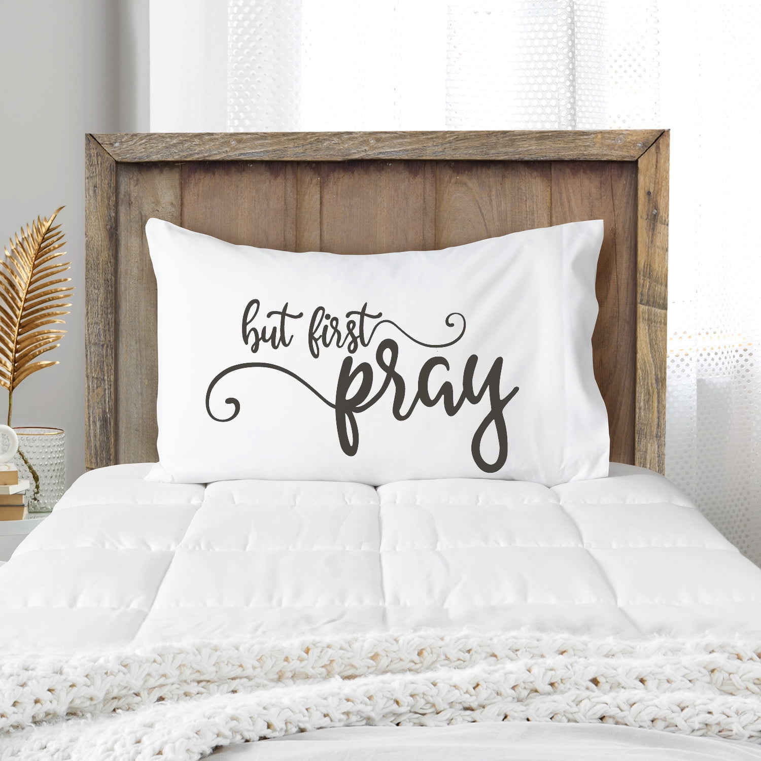 Personalized Planet But First Pray White Bedroom Pillowcase | Faith Inspired Bedroom Décor | Standard Queen Size Pillow Cover | 20x31