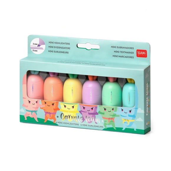 Legami HC0001 Set of 6 Mini Highlighters, Carrate Team, Carrot Shape Highlighters, Water Based Inks, for Fine and Thick Lines, Pastel Colours, Quick Drying