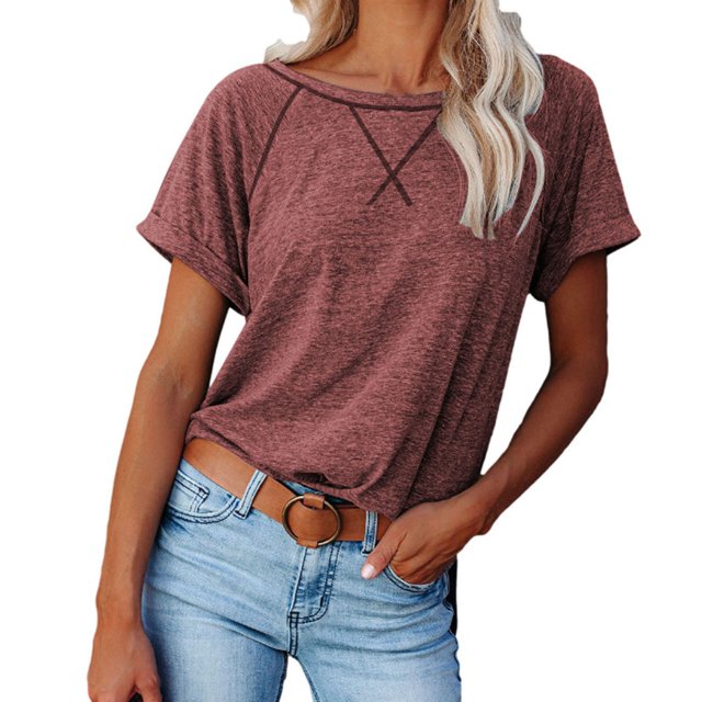 Fankiway Mode Femmes Loisirs Couleur Unie Manches Courtes Col Rond Décontracté Ample Hauts