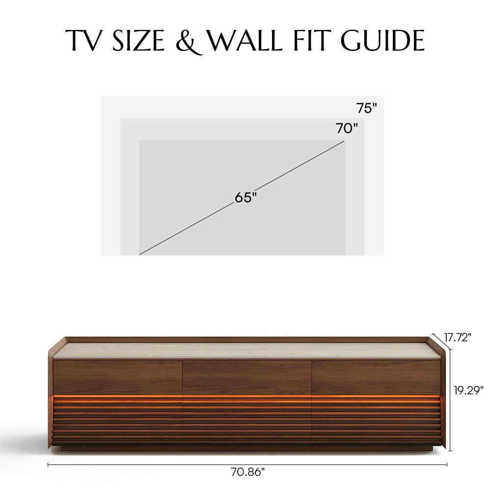 POVISON-70.87" Mid-Century Matte Sintered Stone Tabletop TV Stand, Modern Entertainment Center, Walnut Color Cabinet with Adjustable Light, Fully-Assembled, Perfect for 65-inch TVs