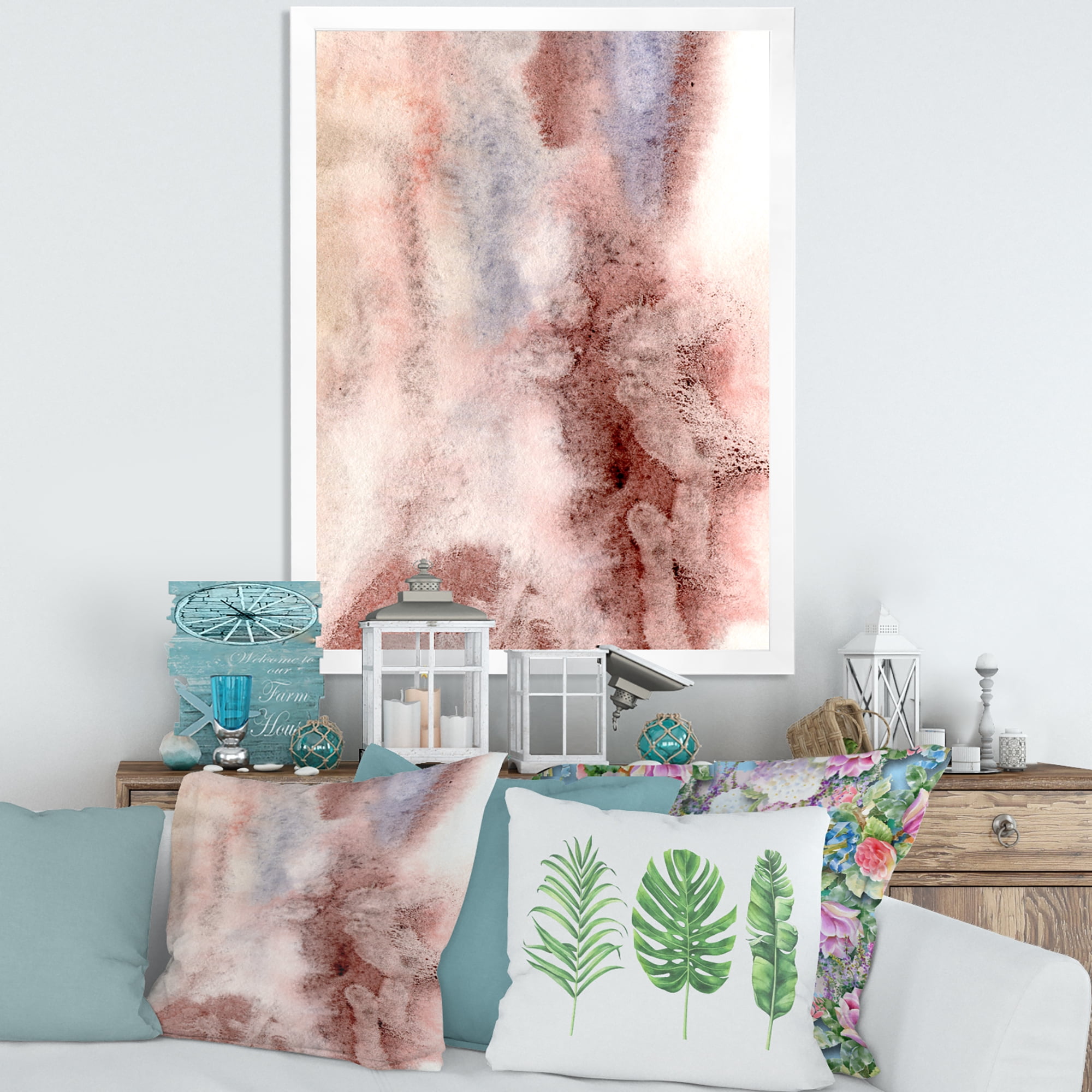 Designart 'Pastel Abstract With Pink Blue and Dark Red Spots' Modern Framed Art Print