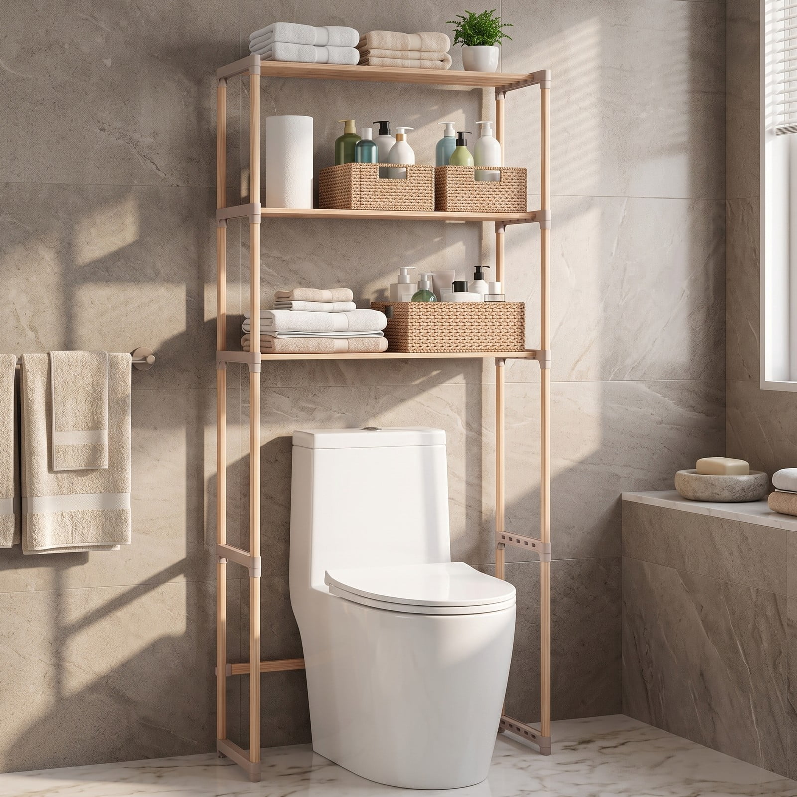 ALPULON Multi-Tier Over the Toilet Storage Rack with Open Shelves and Solid Pine Wood Frame for Bathroom and Laundry Room, Natural and Gray