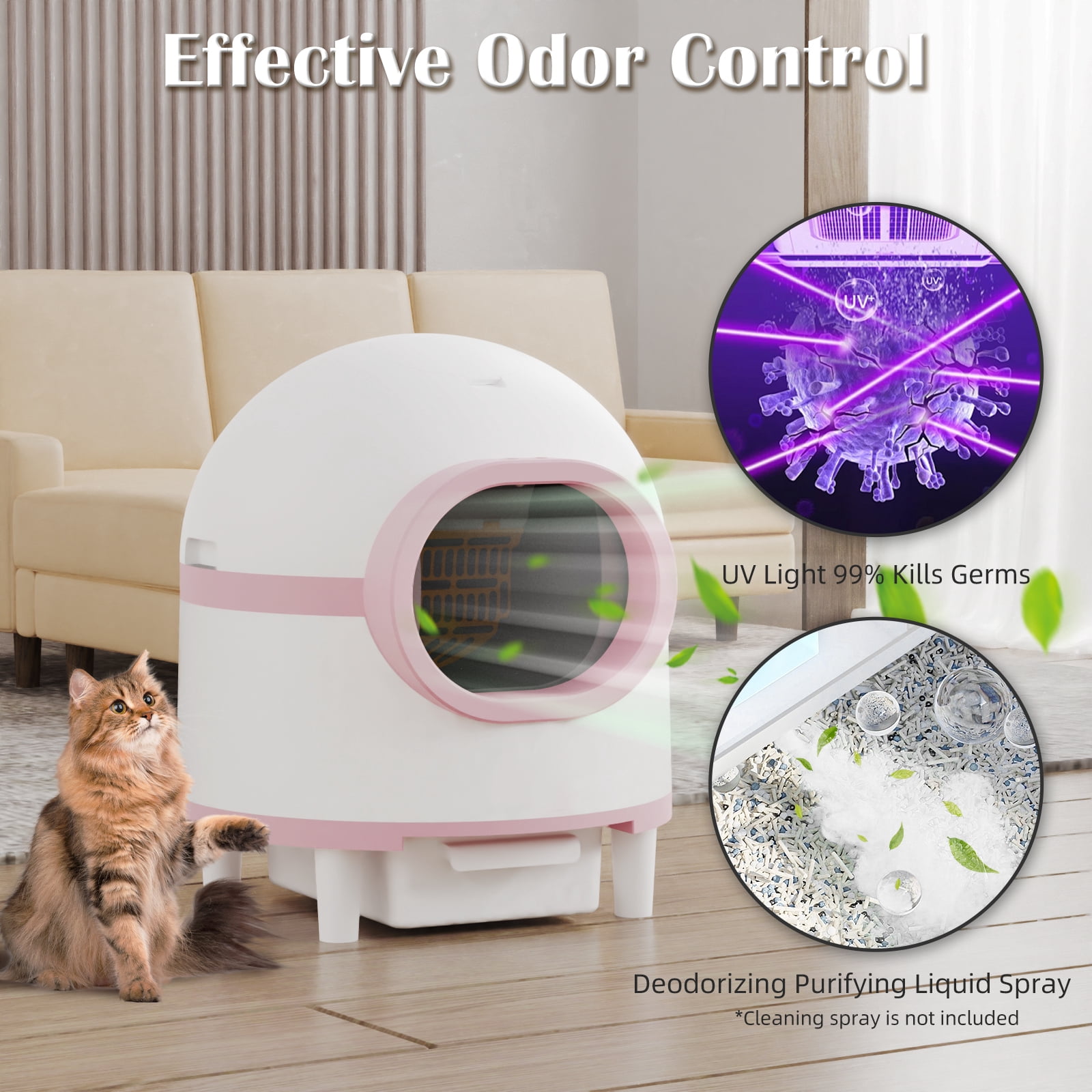 OUDOSPRS Self Cleaning Litter Box, Automatic Cat Litter Box Self Cleaning Large Capacity for Multiple Cats, App-Controlled with Safety Sensors,1 Rolls Garbage Bags,Pink