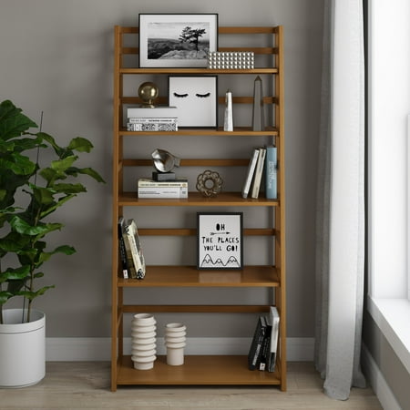 Simpli Home - Acadian Solid Wood 63 inch x 30 inch Rustic Ladder Shelf Bookcase - Light Golden Brown