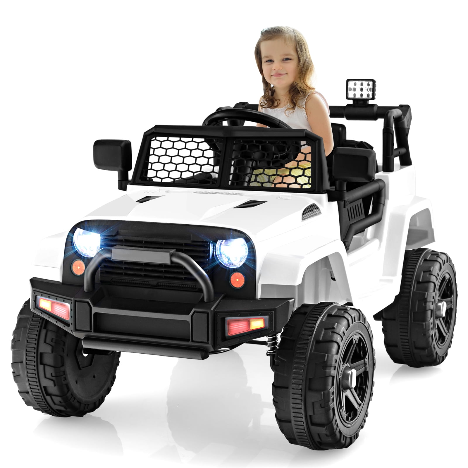 Topbuy 12V Kids Ride On Car Electric Vehicle Jeep with Parental Remote Music Horn Headlights Slow Start Function White