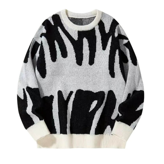 Abomasnow Men's Oversized Sweater Color Block Flame Graphic Y2K Knitted Jumper Pullover Long Sleeve Crewneck Sweaters