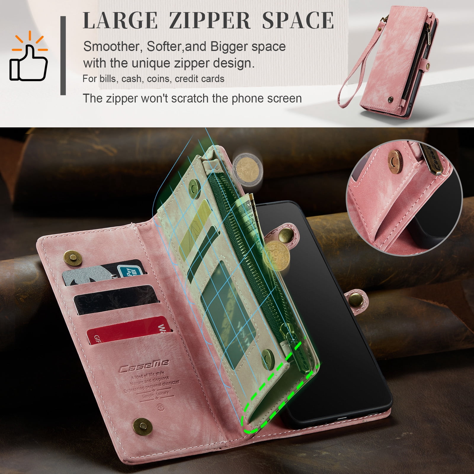 for Samsung Galaxy A16 5G/4G Premium PU Leather Folding Case, Multiple Card Slots Design, Wrist Strap Zipper Pocket Kickstand Magnetic Snap, Wireless Charging for Samsung Galaxy A16 5G/4G, Pink
