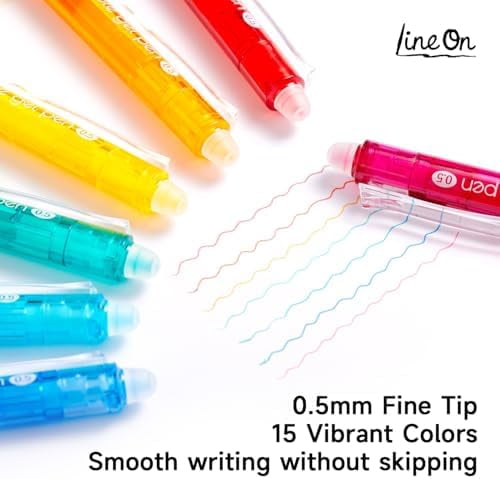 Erasable Gel Pens, 15 Colors Retractable Fine Point Erasable Pens Clicker, Fine Point(0.5mm), Assorted Color Inks, Make Mistakes Disappear for Drawing Writing Planner and Crossword Puzzles