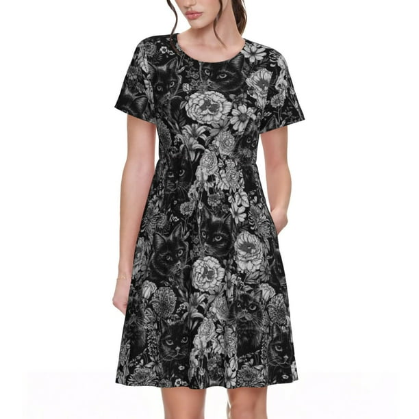 Fotbe Black Cats In A Garden Vestido Largo de Moda para Mujer, Vestido Tipo Camiseta con Manga Corta y Estilo Casual a Rayas y Bloques de Color