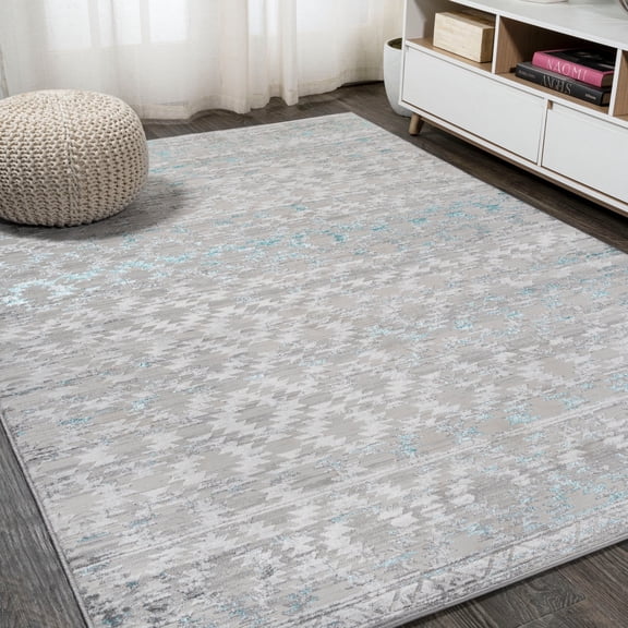 JONATHAN Y SILK ORCHID 4 x 6 Area Rug, Ancient Faded Trellis - Gray/Turquoise, SOR206A-4