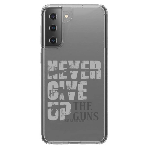 DistinctInk Clear Shockproof Hybrid Case for Galaxy S21  PLUS 5G (6.7" Screen) - TPU Bumper Acrylic Back Tempered Glass Screen Protector - Never Give Up The Guns