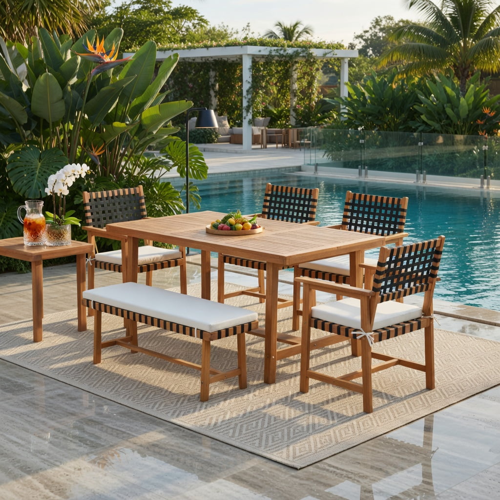 Hommoo 2-Piece Outdoor Dining Chairs Set, Acacia Wood with Woven Rope Back, Curved Ergonomic Design, Detachable Polyester Cushions & Armrests, White