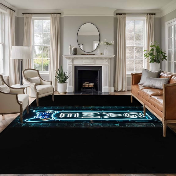 Game Neon Sign Washable Area Rug 6 x 9 ft Modern Video Game Controller Blue Glowing Tube , Soft Non Slip Rugs Stain Repellent Indoor Felt Carpet for Living Dining Room Bedroom Home Office