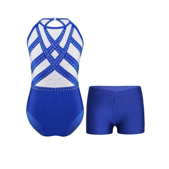 Hansber Kids Girls Gymnastics Outfit Glitter Rhinestones Leotard Ice Skating Bodysuit with Dance Blue 14